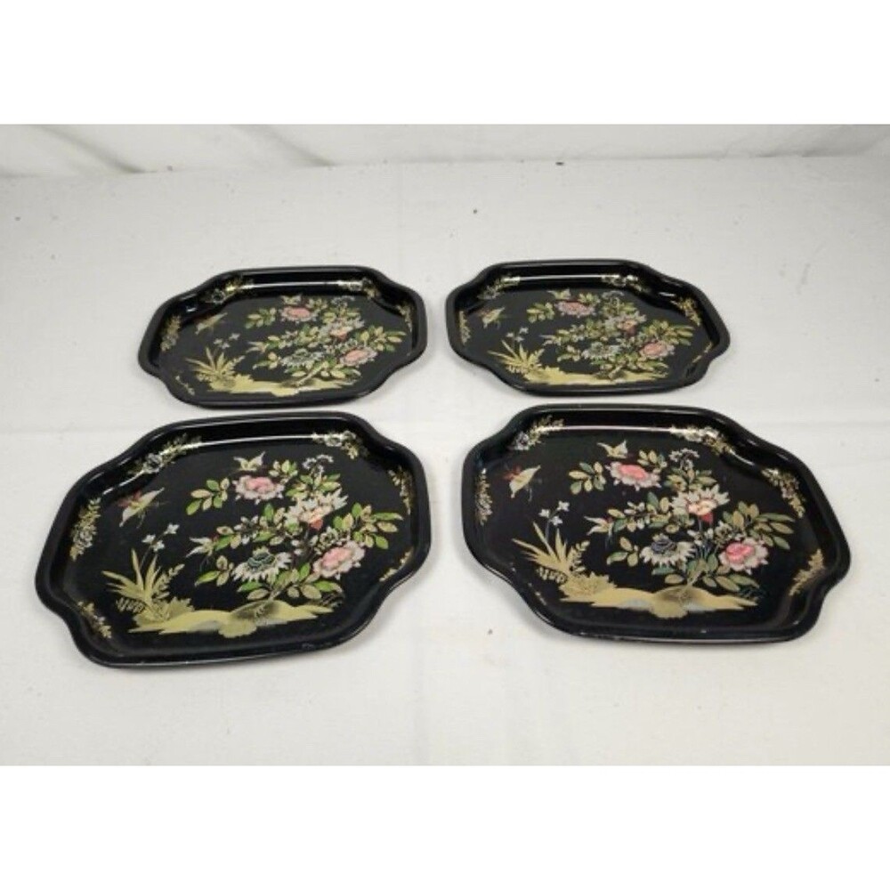 Vintage Elite England Chinoiserie Black Tin Toleware Snack Trays Set of 4